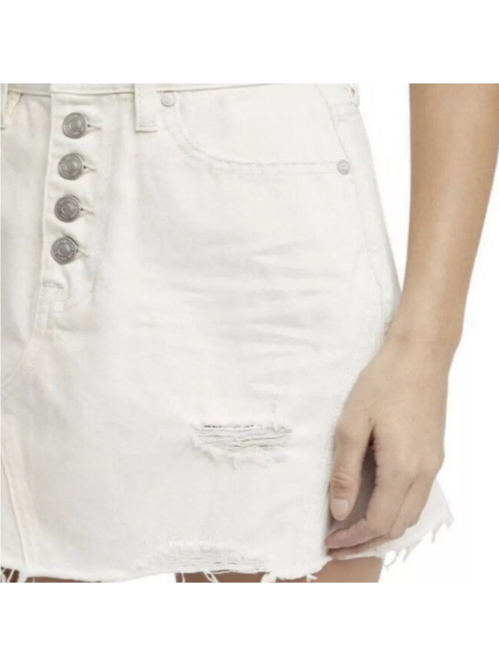 We The Free Women's Khaki Denim Mini Skirt Size 30 Casual Distressed Frayed Hem - Picture 7 of 14